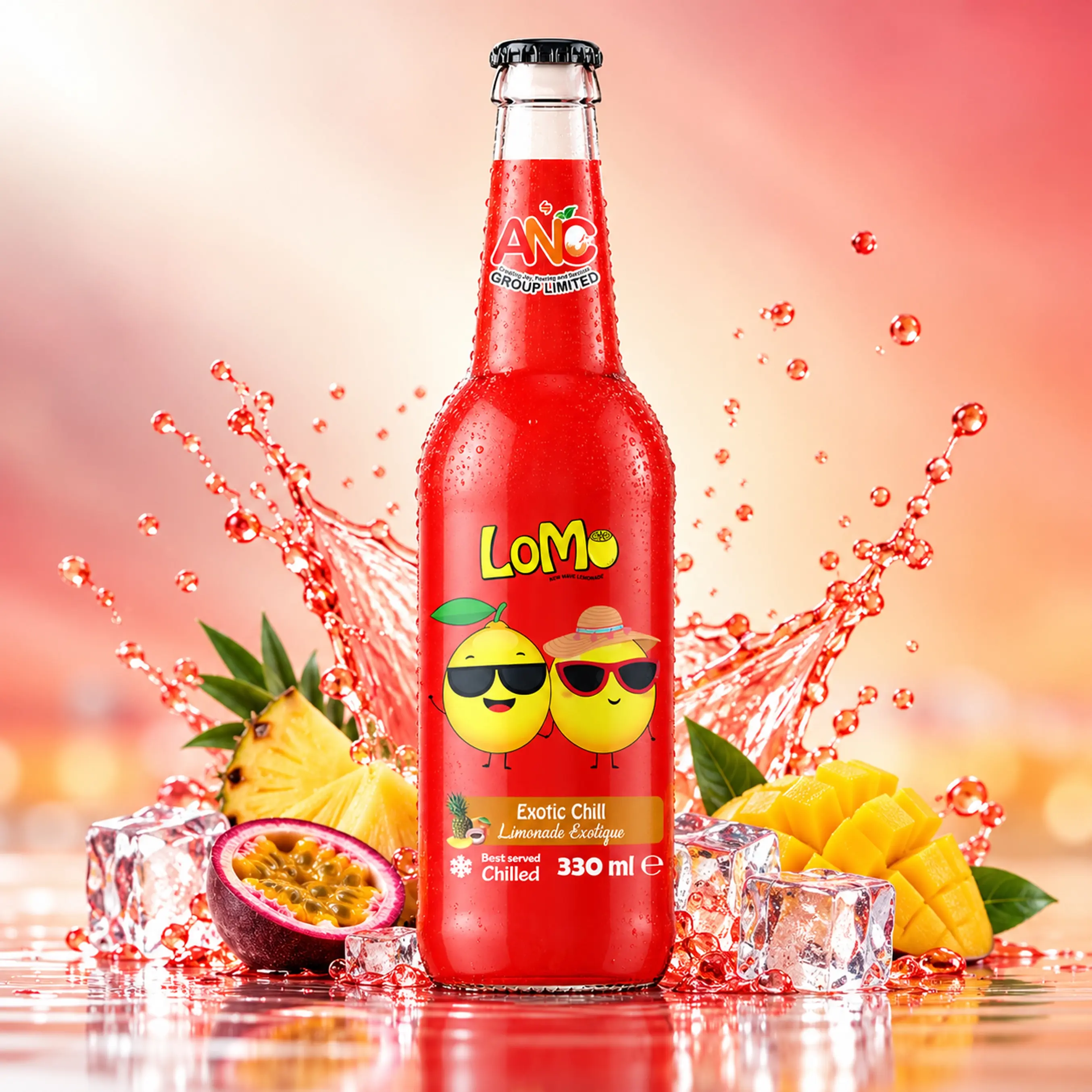 LoMo Exotic Chill 330ml glass bottle with pineapple, mango, passion fruit, ice cubes, and fruit splash.